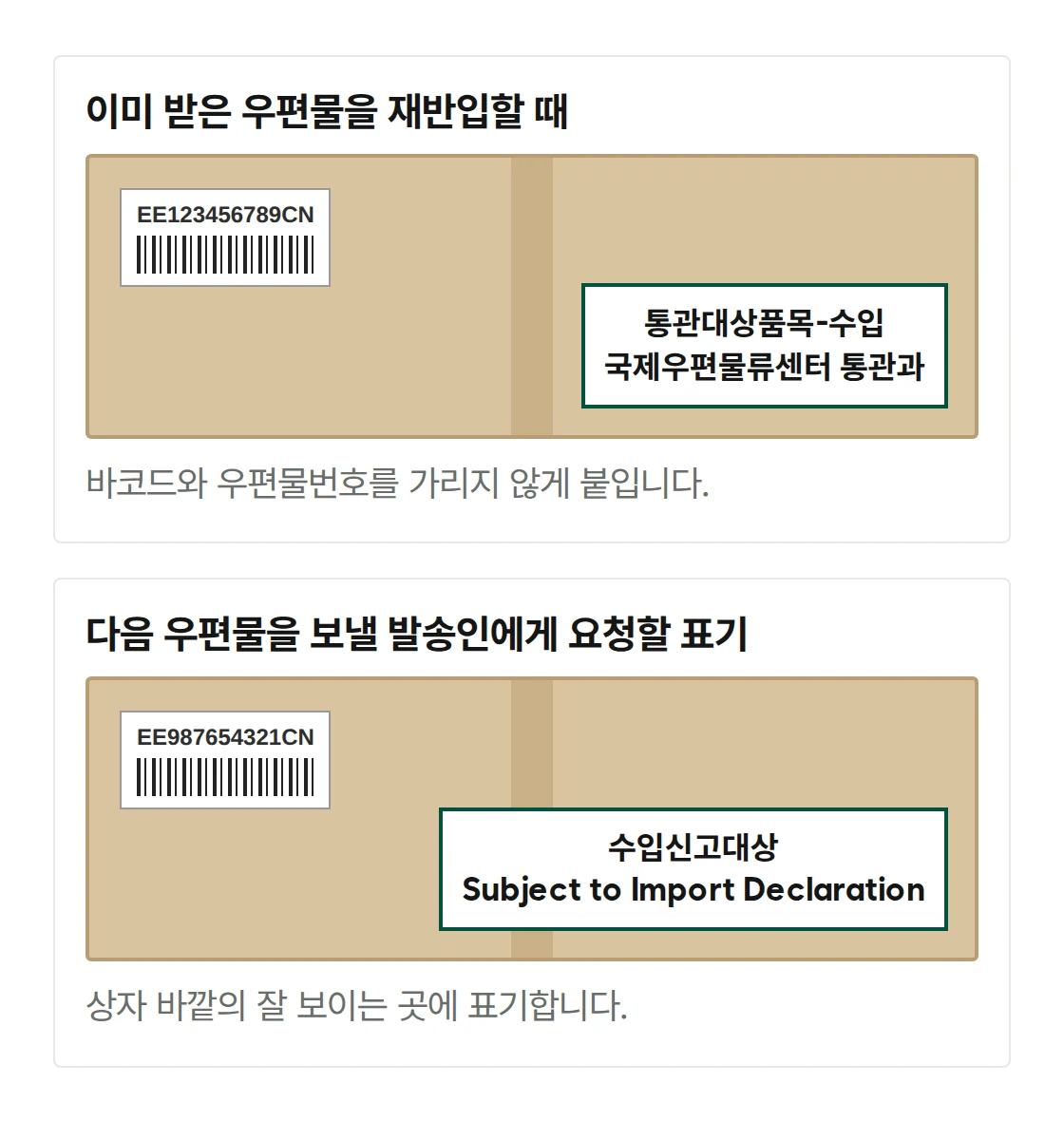 재반입할 상자와 다음 발송 상자의 바깥 표기 예시
