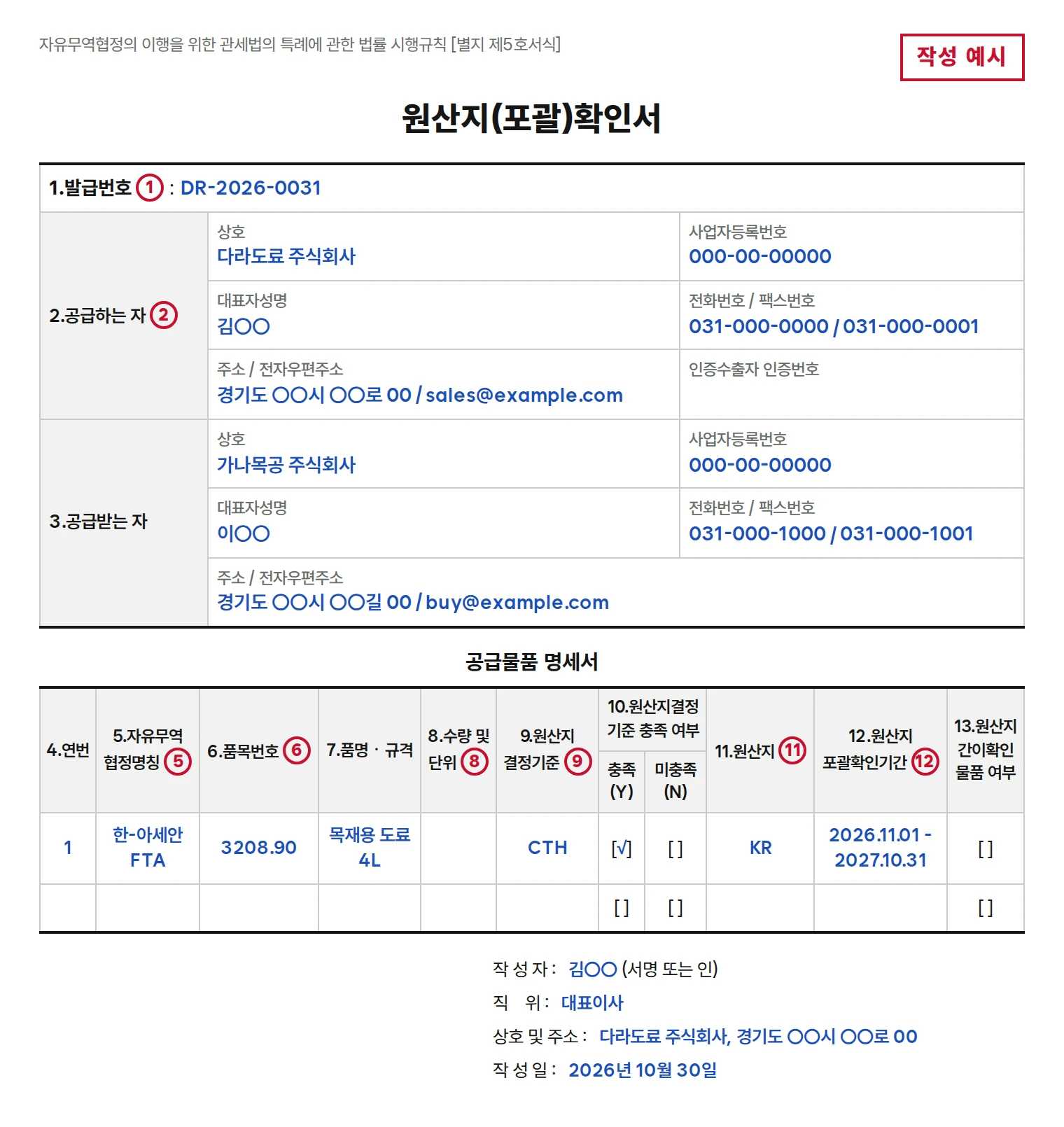Example of a completed Declaration of Origin (blanket), Form No. 5 of the Enforcement Rule. The supplier, Dara Paint Co., Ltd., issues it to the recipient, Gana Woodworking Co., Ltd. Row 1 of the supplied goods statement is serial number 1, Korea-ASEAN FTA, 3208.90, wood paint 4L, quantity left blank, CTH, met, KR, 2026.11.01 - 2027.10.31