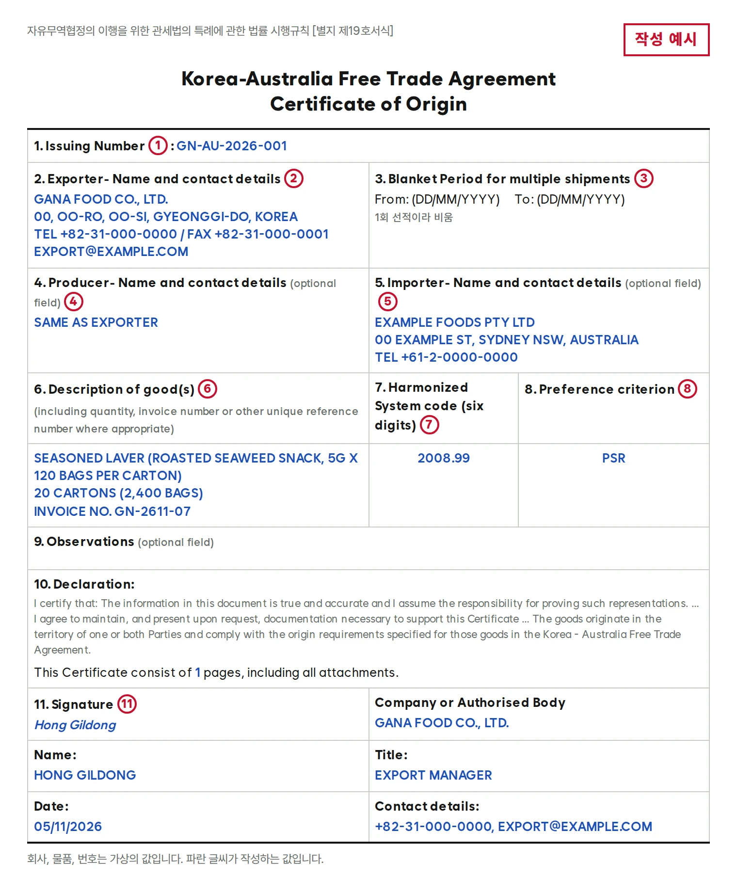 한-호주 FTA 원산지증명서 작성 예시. 1란 GN-AU-2026-001, 2란 수출자 GANA FOOD CO., LTD., 4란 SAME AS EXPORTER, 5란 EXAMPLE FOODS PTY LTD 시드니, 6란 SEASONED LAVER 20 CARTONS 2,400 BAGS, 7란 2008.99, 8란 PSR, 11란 서명자 HONG GILDONG, 작성일 05/11/2026